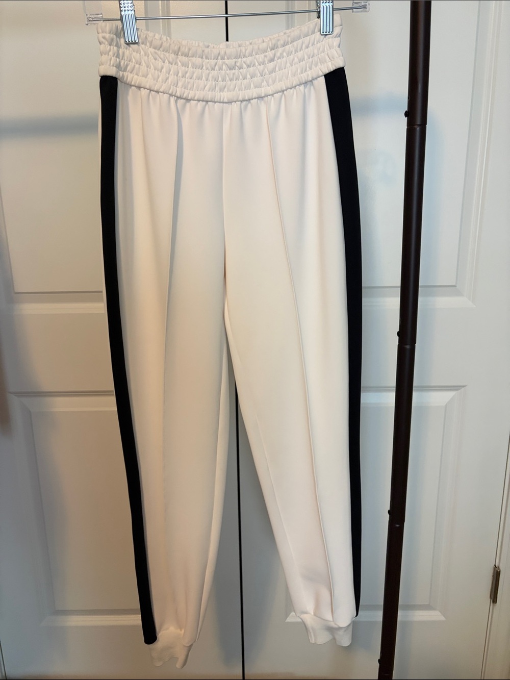 Alice + Olivia Cream Track Pants with Black Side Stripes